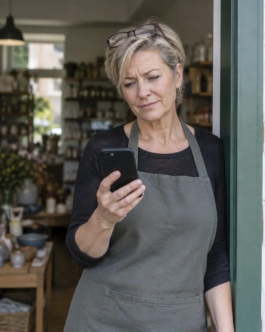 Owner of a small shop looking at her smartphone in the shop doorway (illustrative image)