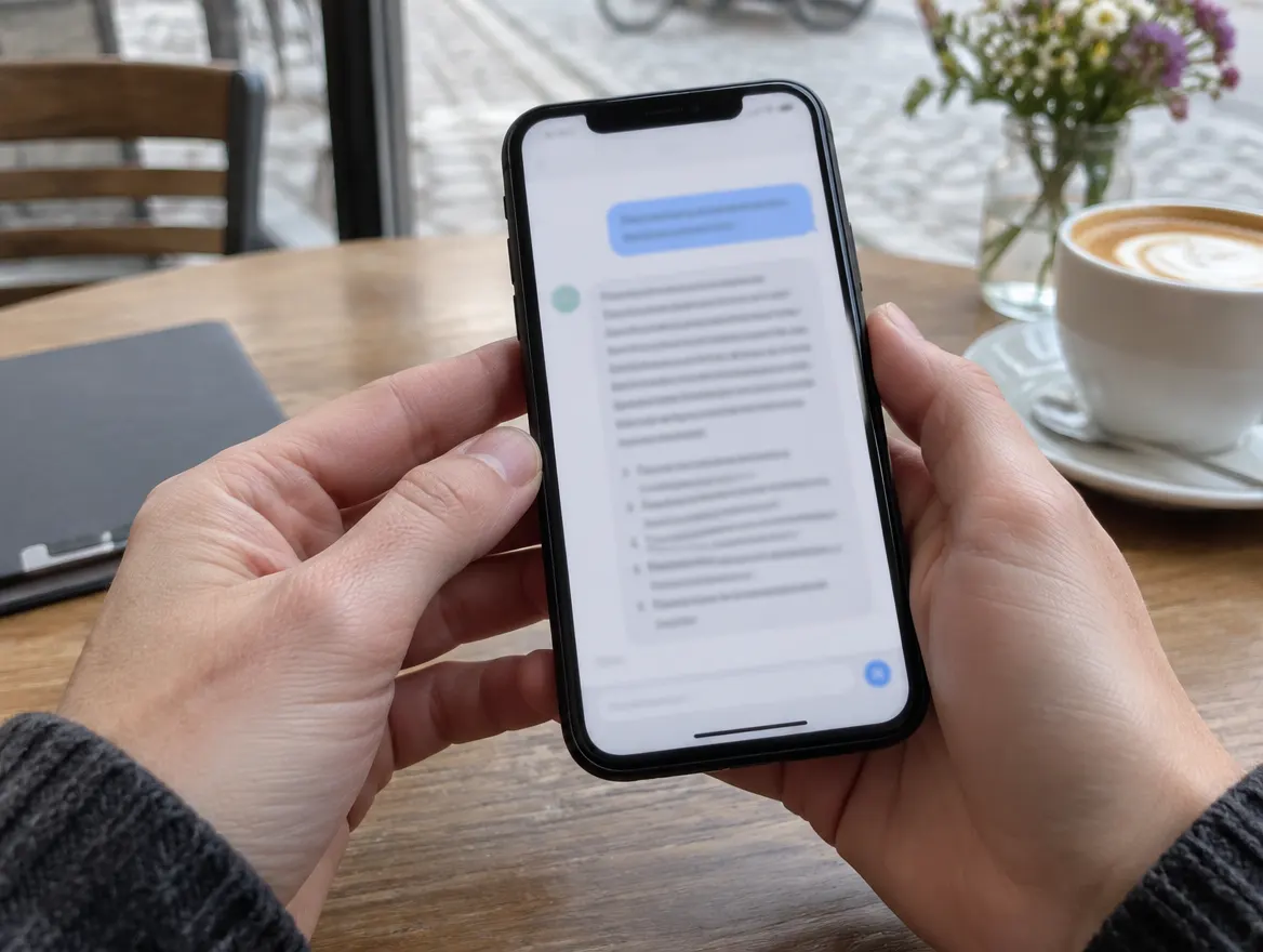 Smartphone with a question to an AI assistant (illustrative image)