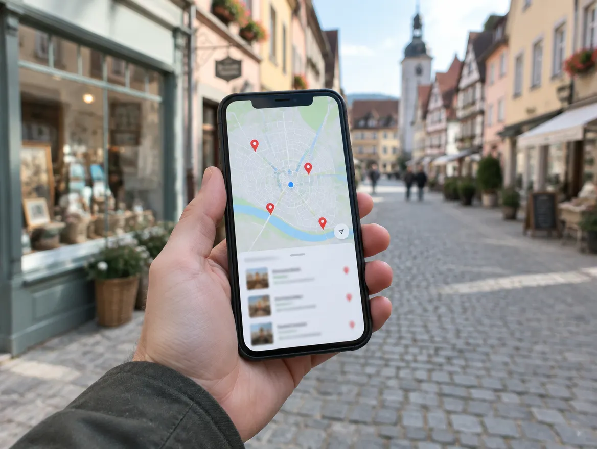Smartphone with a map in an old town street (illustrative image)